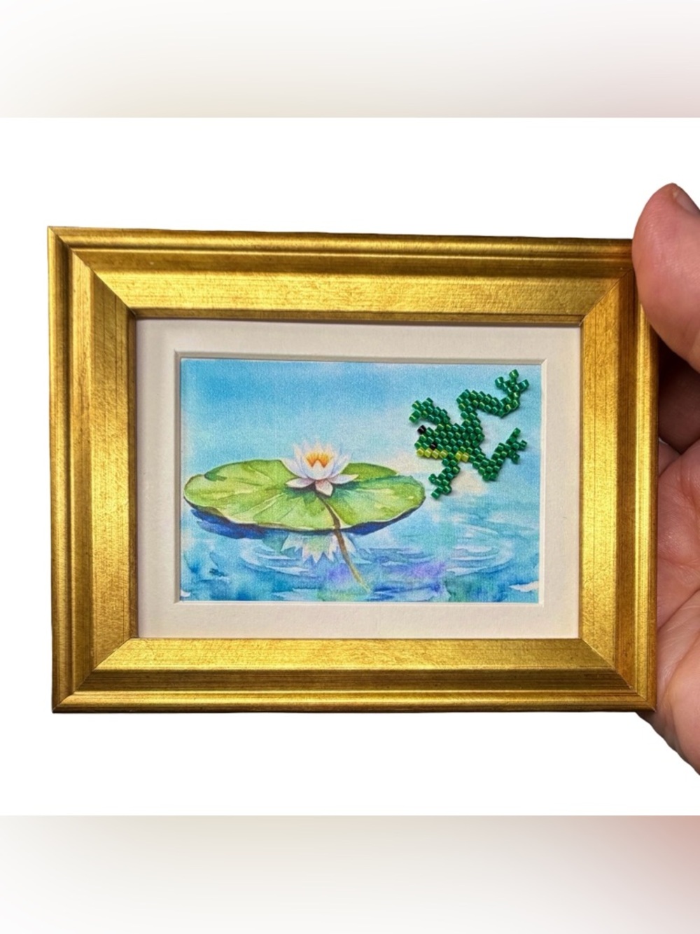 Handmade Beaded Frog Art in Gold Frame Tiny Framed Lily Pad Scene Mini Decor